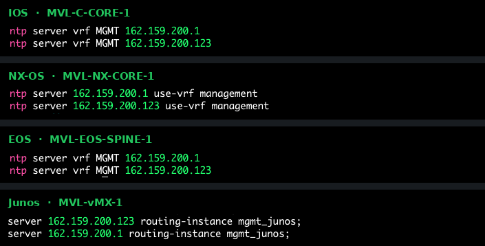 Terminal output on IOS, NX-OS, EOS and Junos showing both NTP servers configured