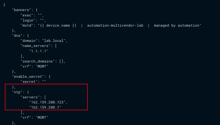 NetBox config context JSON with ntp servers 162.159.200.123 and 162.159.200.1 in VRF MGMT